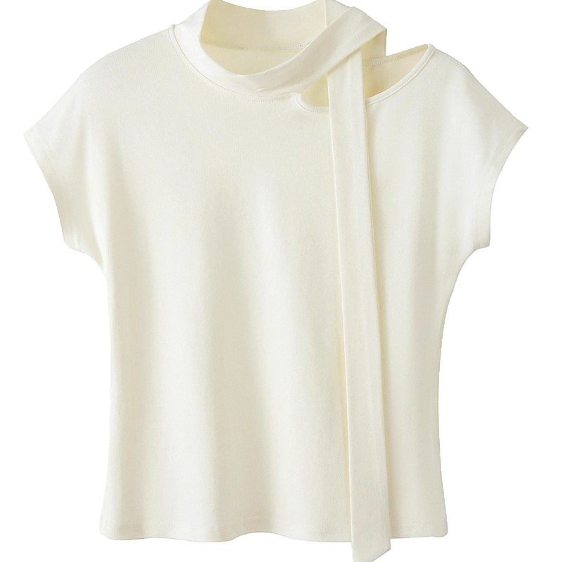 2025年新作夏人気モデル女性用右肩半袖Tシャツ、スリムフィット、お腹カバー、リボン付きトップス|undefined