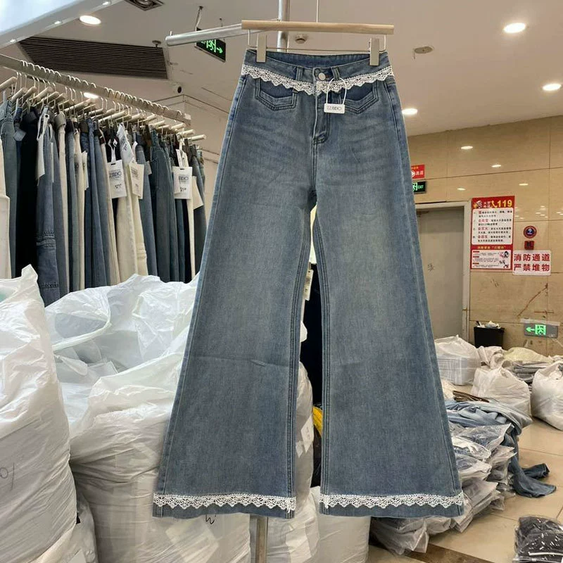 Женские джинсы с высокой талией и кружевной отделкой, большие размеры, не обтягивающие, расклешенные брюки, свободные широкие длинные брюки для женщин больших размеров.