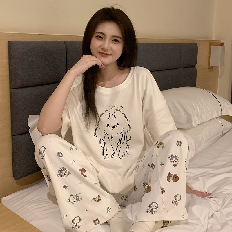 纯棉睡衣女款夏季短袖长裤可爱学生春秋天家居服两件套装可外穿