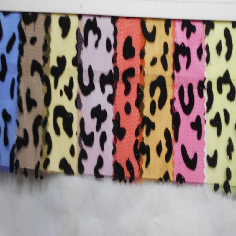 新款植绒印花豹纹网眼布料 锦纶沙网绣花豹圈 尼龙网鞋帽包装面料