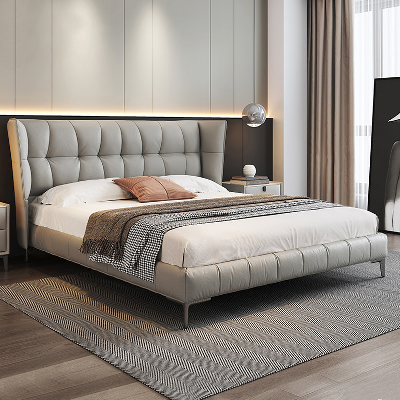 Cama muscular italiana minimalista B & B husk cama principal lujosa cama doble de cuero de vaca moderna y simple cama de matrimonio de alta gama