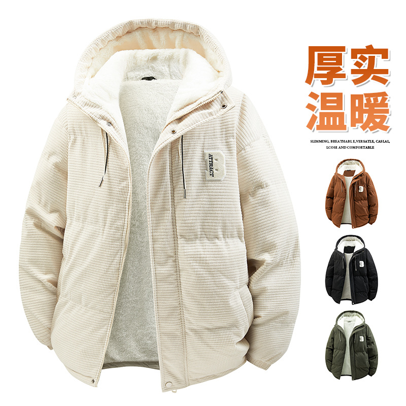 Corduroy Cotton Jacket for Men, Autumn and Winter Thickened Warm Hooded Coat, Fashionable Casual Cotton-Padded Jacket