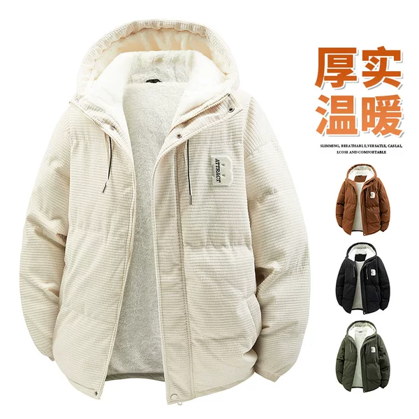 Corduroy Cotton Jacket for Men, Autumn and Winter Thickened Warm Hooded Coat, Fashionable Casual Cotton-Padded Jacket