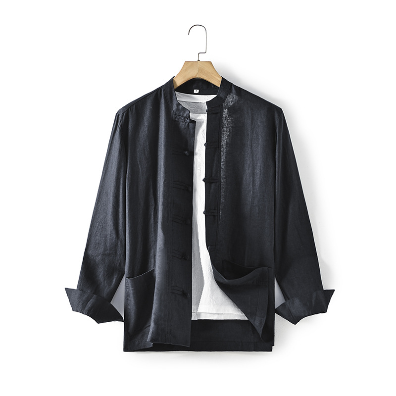 Primavera 2024 hombres de lino estilo nacional camisa suelta retro hebilla chino stand collar manga larga E009