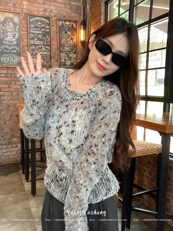 浅灰色毛衣女2025新款爆款秋季慵懒长袖上衣纯欲设计感镂空针织衫|undefined