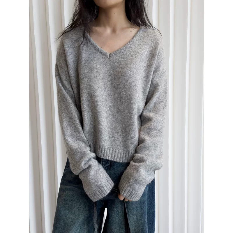 Spring woolen sweater, Korean style, V-neckline, oversize