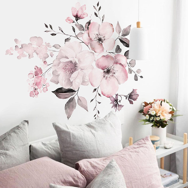 Watercolor Pink Flower Group Leaf Wall Stickers Bedroom Living Room Wall Background Decoration Removable Self-adhesive Wall Stickers