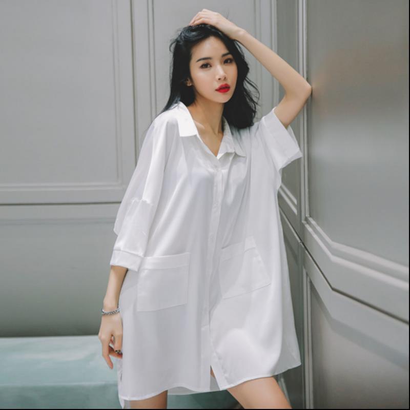 Pijama de verano mujer delgada suelta Chiffon novio camisa de viento seducción pijama mediano largo se puede usar ropa de casa