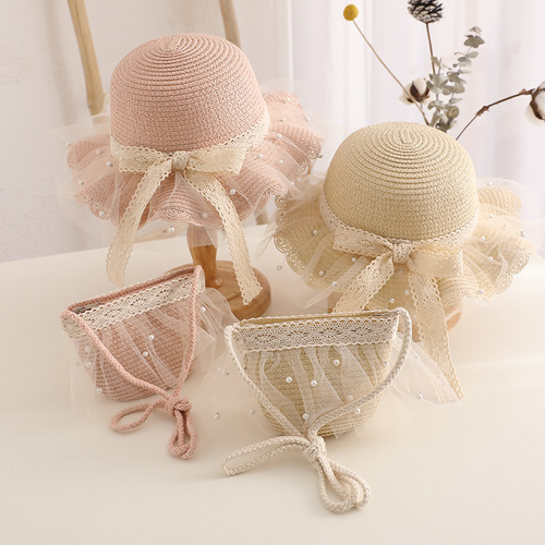 Children's Spring and Summer Straw Hat Sunproof Hat Summer Princess Hat Bag Set Beach Hat Sun Hat Girls