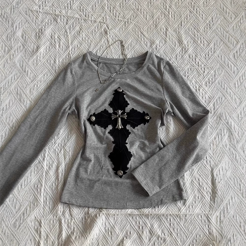 Vintage Американский винтажный принт футболка нишевый дизайн тонкий серый топ с длинными рукавами осень