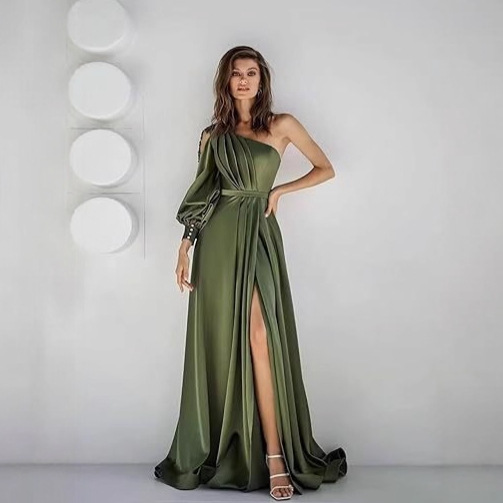 Women's One-Shoulder Evening Dress Olive Cross-Border Birthday Party Long-Sleeved Side Slit Dress Satin Prom Dress