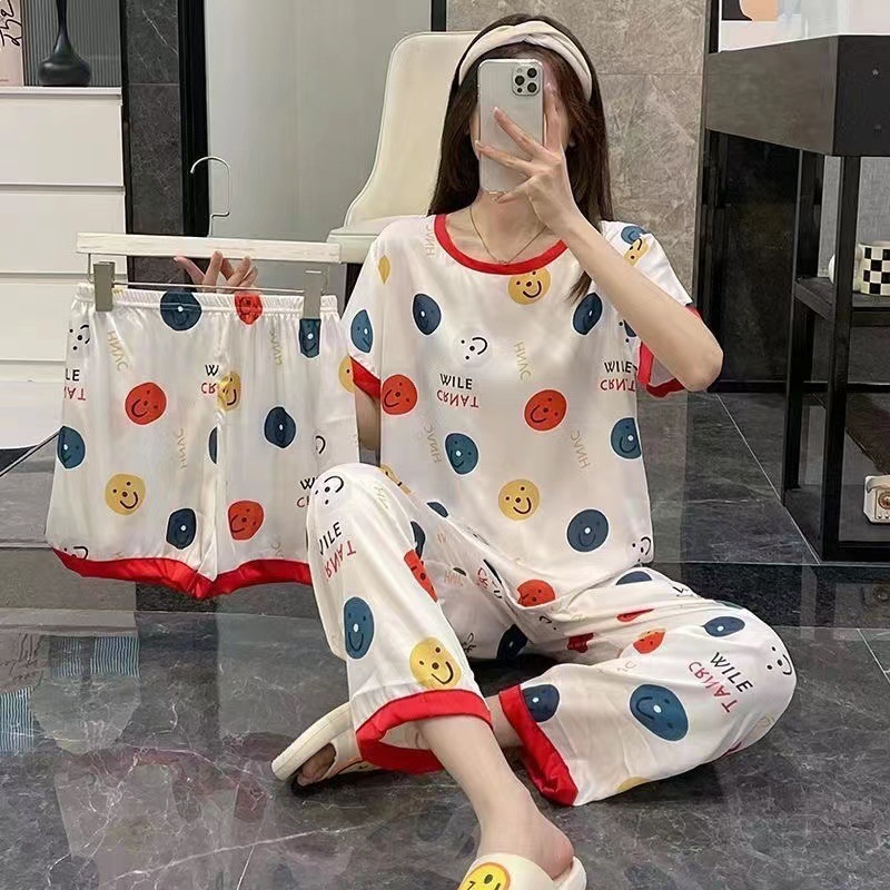 2025 nuevo pijama de mujer de verano delgado japonés pantalones de manga corta tres piezas set ropa de casa letras de verano