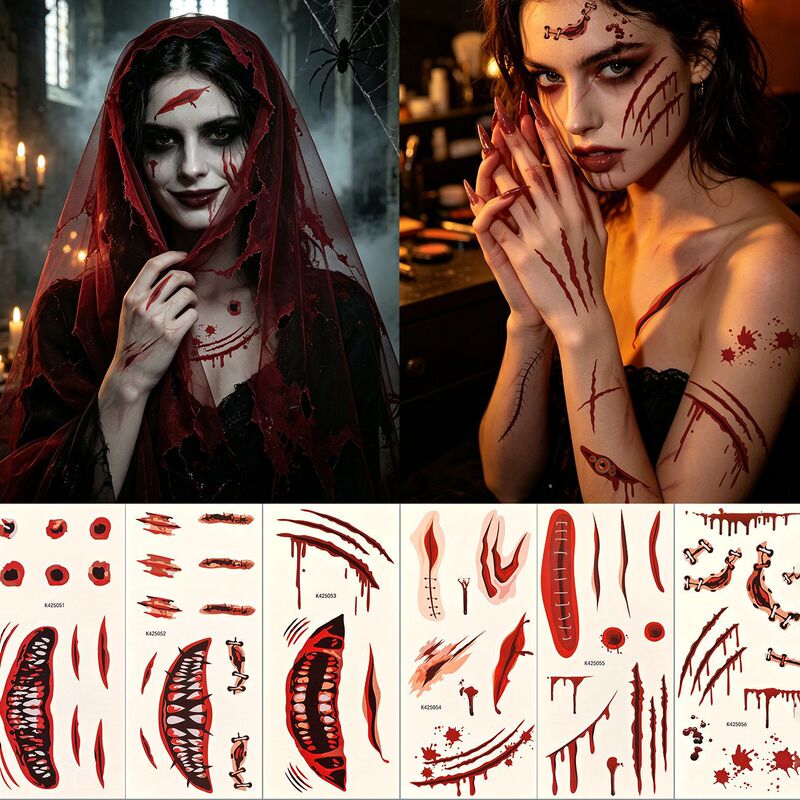 Halloween realistic scar tattoo stickers, waterproof and long-lasting, fake wounds for funny makeup, party cosplay stickers