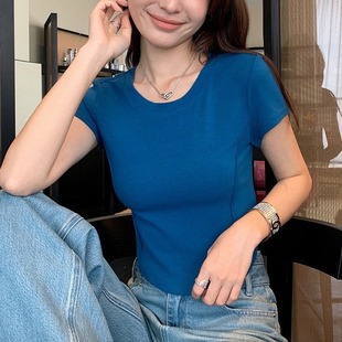 Summer Slim-Fit Slimming Round Neck Shoulder T-Shirt Solid Color All-Match Short Short Short Sleeve Top with Chest Pad