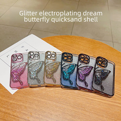 Electroplated Dream Butterfly Flowing Sand Shell Shimmering Powder Compatible with iPhone 15 Pro Max Phone Case Apple Film 11 Lens Protection