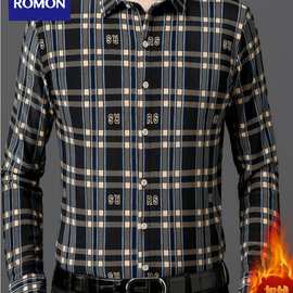 罗蒙男装冬季复古格子衬衫男长袖加绒加厚保暖休闲衬衣男装上衣