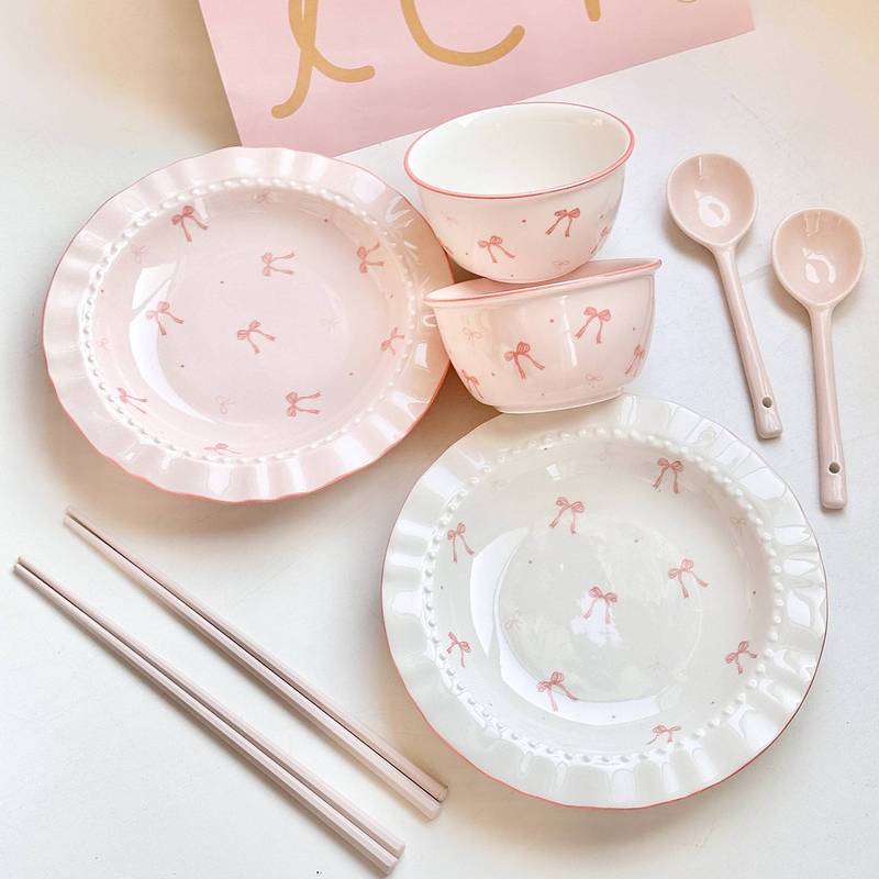 粉色ins风蝴蝶结陶瓷餐具套装面碗家用饭碗盘子釉下彩好看少女心|undefined