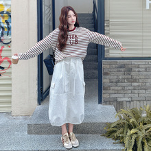 实拍休闲字母条纹T恤半身裙套装2025秋时尚甜美减龄休闲风两件套