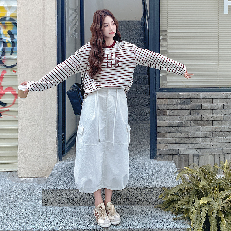 实拍休闲字母条纹T恤半身裙套装2025秋时尚甜美减龄休闲风两件套