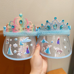 兒童防曬帽愛莎公主遮陽帽可愛卡通太陽帽女孩大皇冠發箍式空頂帽