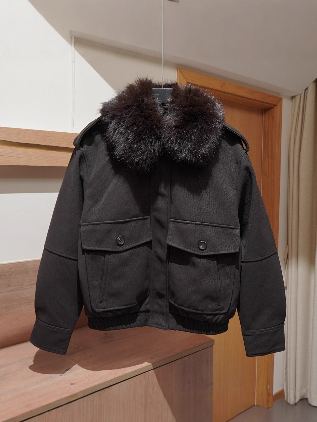 4341786 Fur Collar Leather Jacket Original Faux Fur Collar Gray Coffee Color Imitation Leather Jacket Coat