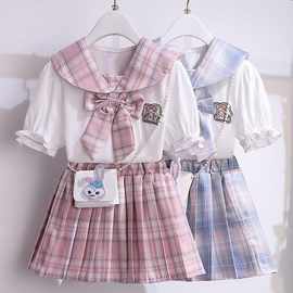 女童JK套装裙韩版中小学生蝴蝶结短袖夏装学院风女孩百褶裙两件套