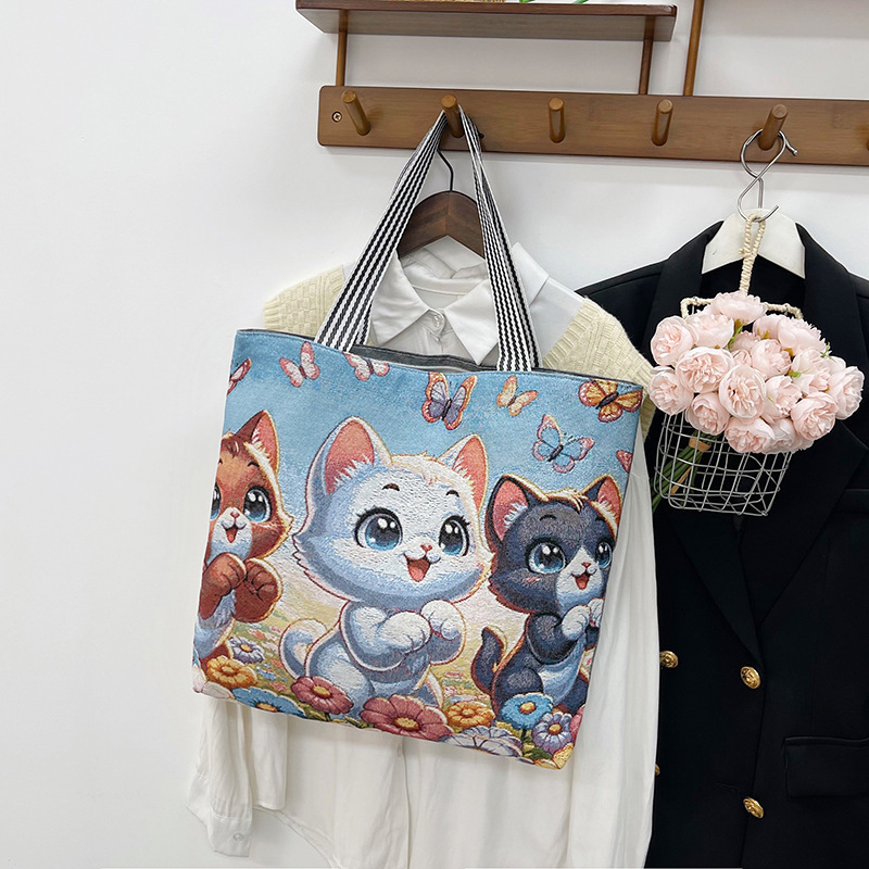 新しい女性のキャンバスポータブルショルダーバッグ漫画蝶織り刺繍シンプルな大容量ショッピングバッグ短距離旅行大型バッグ|undefined