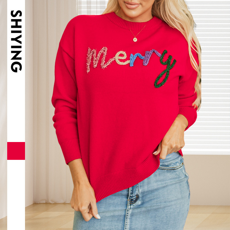 Trendy European and American Fashion Letter Decoration Round Neck Sweater for Women, New Winter Style, Lazy Casual Style, Drop Shoulder Long Sleeve Top