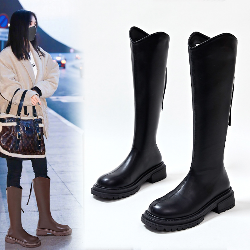 2023冬季新款时尚骑士靴女复古英伦风长筒靴女休闲粗跟百搭靴子女