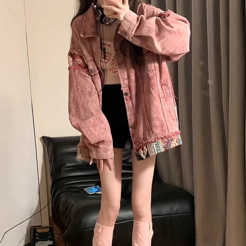 美式复古拼接牛仔外套女春秋宽松设计感小众休闲百搭粉色工装上衣|undefined