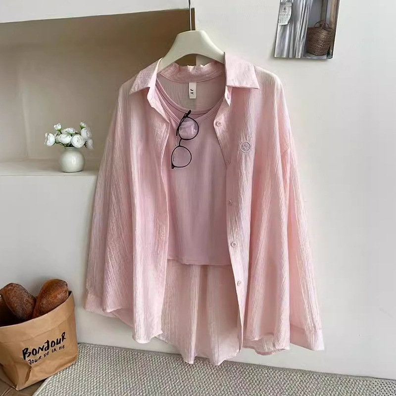 Oxygen-aware Pleated Texture Shirt Summer Sweet Thin Ice Silk French High-grade Long-sleeved Cardigan Jacket Oxygen-aware Pleated Texture Shirt Summer Sweet Thin Ice Silk French High-grade Long-sleeved Cardigan Jacket
