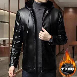 Winter Hooded Leather Men's Fleece-lined Thickened Loose Warm PU Leather Jacket Top Autumn and Winter Fashion Hooded Jacket