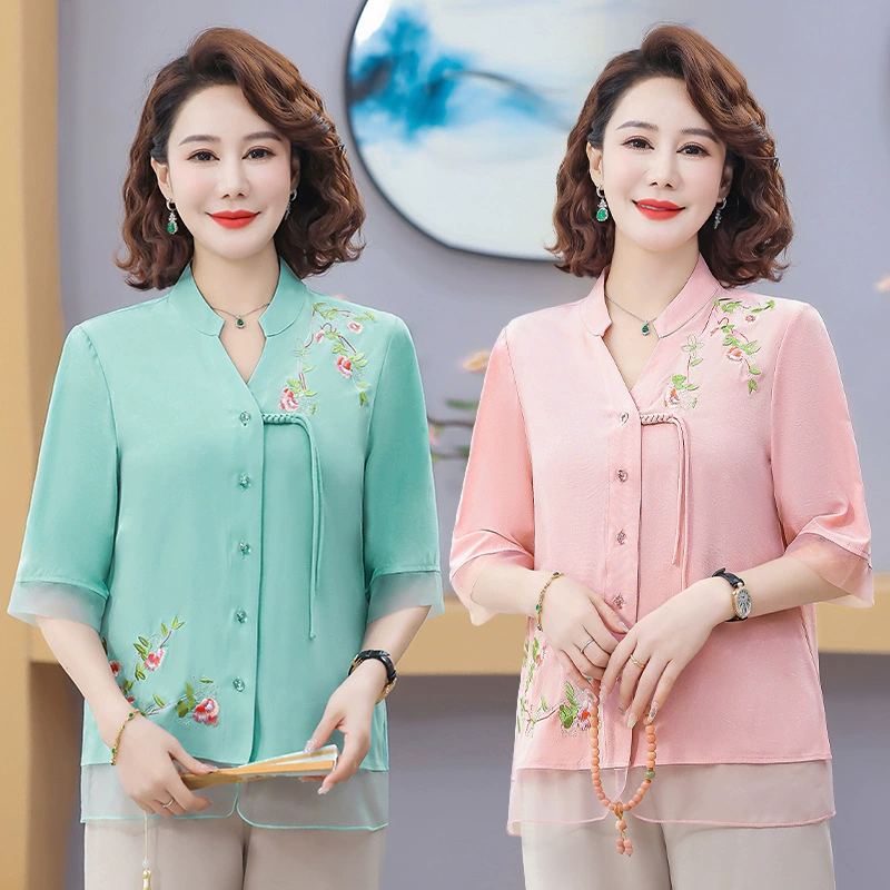 Мама летняя футболка с средним рукавом Новый китайский топ новый средний и пожилой женский стиль ретро топ