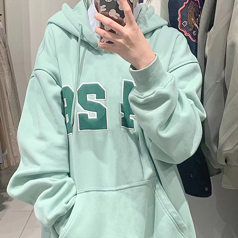 2023 autumn and winter New mint green hooded printed sweater women's coat fashion trend plus size loose long sleeve top