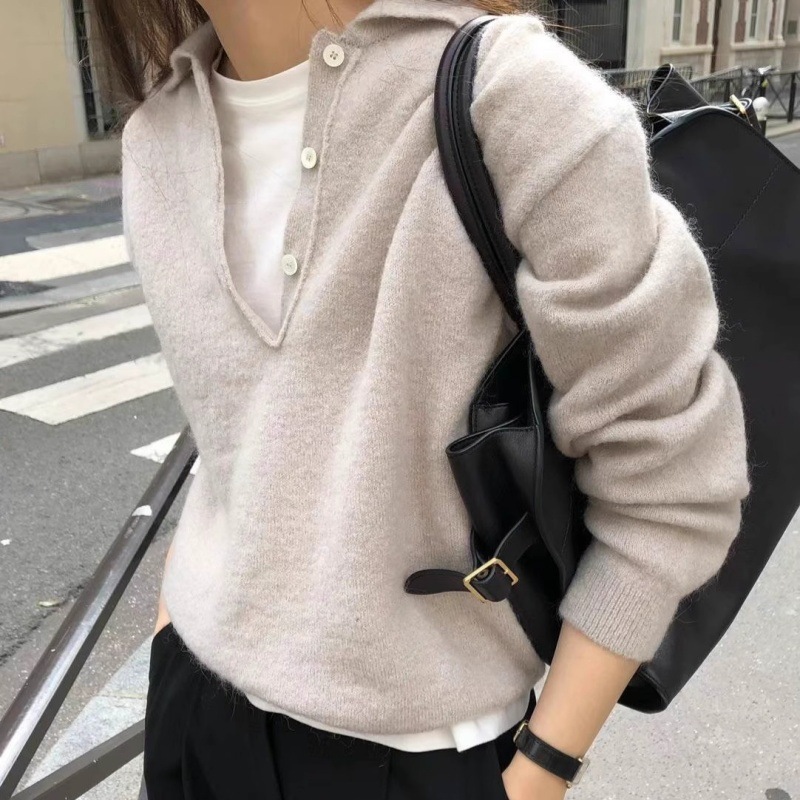 洋气百搭设计感女polo领套头秋冬新款宽松慵懒翻领针织羊毛衫上衣|undefined