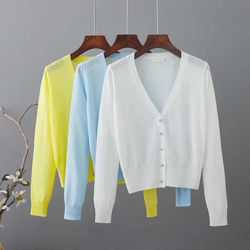 New V-neck ice silk thin knitted cardigan for women, summer dress, outerwear, sun protection, versatile, air-conditioned room shawl top