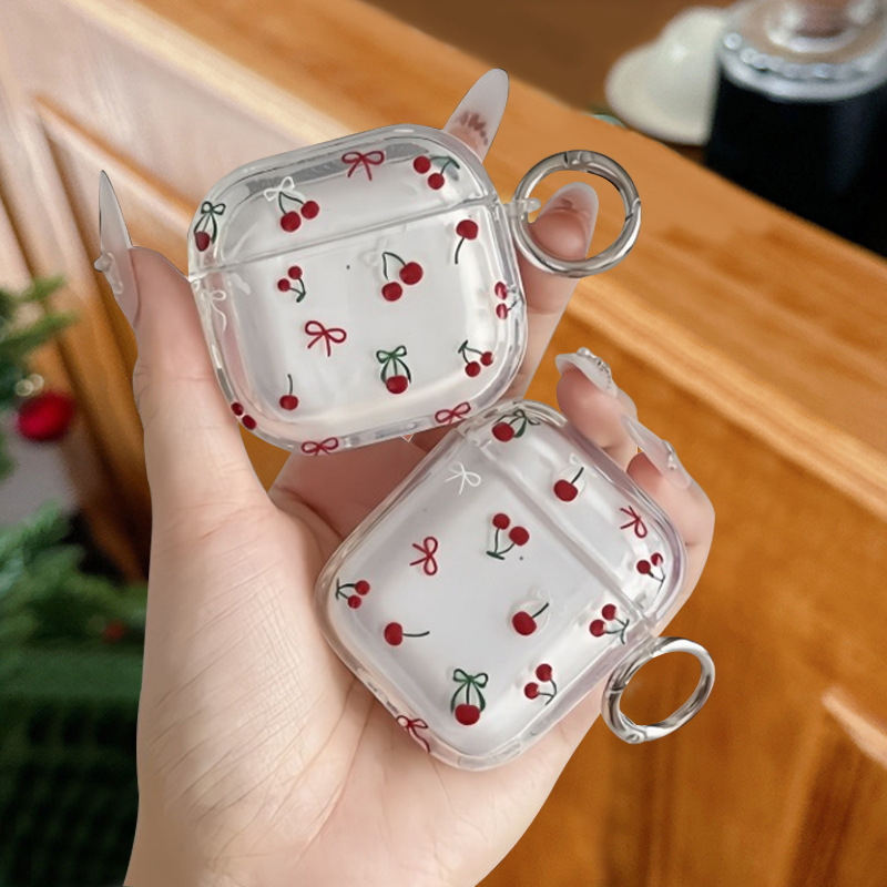 Japanese and Korean Cherry Bowknot Protective Case for AirPods 4/3, Pro 2 Wireless Bluetooth 12Th Generation Earphone Shell with Pendant