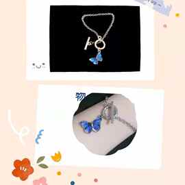 韩国小众设计感蓝色蝴蝶一字扣手链ins少女超火情侣闺蜜手镯手饰