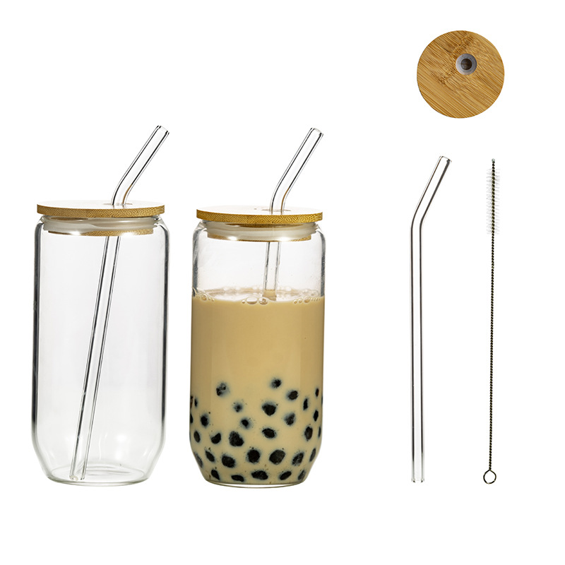 Venta al por mayor de borosilicato resistente a altas temperaturas juego de taza de agua 16oz lata con tapa de paja bebida fría vidrio taza de cola transfronteriza