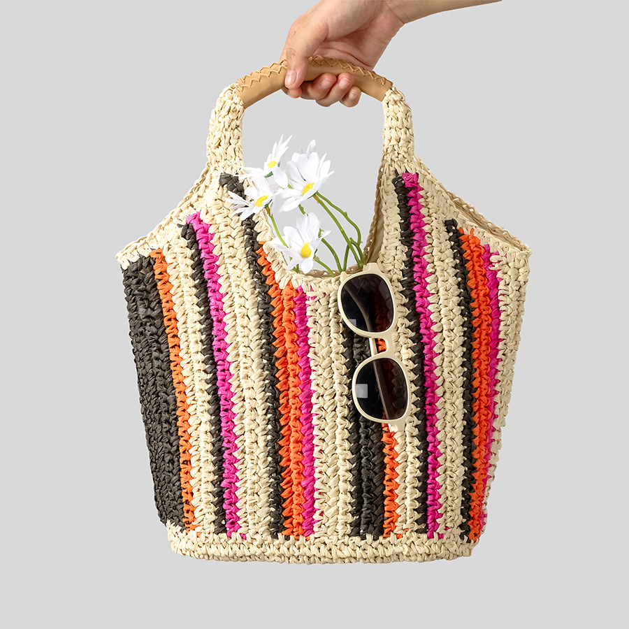 Lässige, farbenfrohe, gestreifte Strohtasche für Damen, großes Fassungsvermögen, Sommer-Strandhandtasche, neues Design_voghion.com