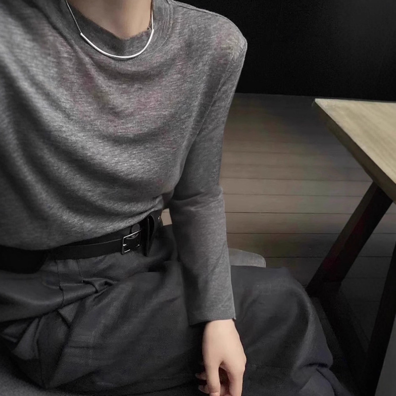Gray Tencel Wool Bottoming Shirt for Women Early Autumn New Round Neck Slim Fit European Style Long-Sleeved T-Shirt Top