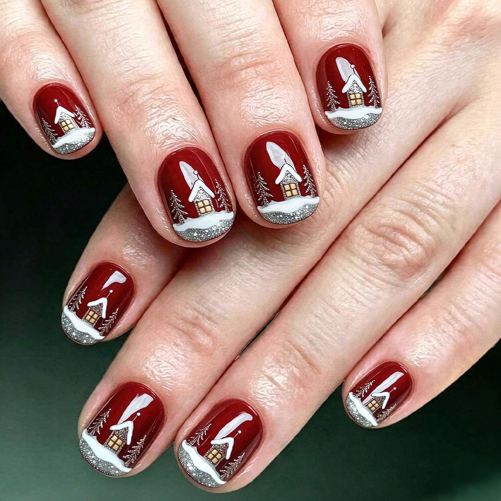 Short Square Shiny Christmas Cross-Border Nail Art Christmas Tree Glitter French European and American Style Press-On Nails Fake Nails 24 Pieces