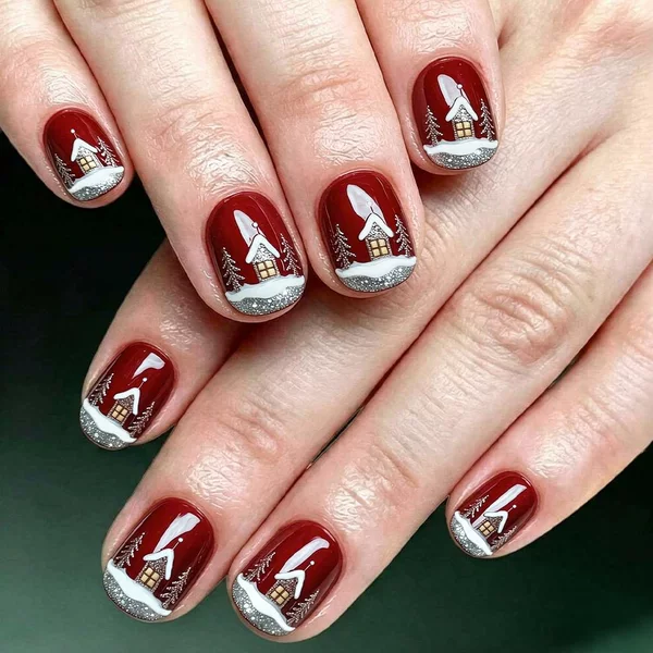 Short Square Shiny Christmas Cross-Border Nail Art Christmas Tree Glitter French European and American Style Press-On Nails Fake Nails 24 Pieces