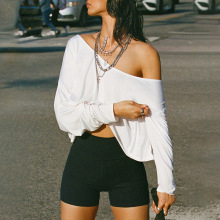 欧美街头辣妹风斜领宽松不规则下摆T恤慵懒风设计感露脐针织上衣