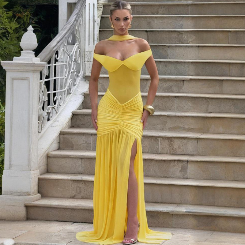Transfronterizos Europa y Estados Unidos otoño 2025 nuevo estilo de moda para limpiar el pecho de espalda sexy malla plegado abierto vestido de cadera