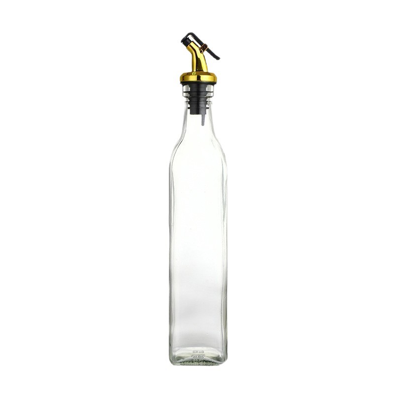 Botella de aceite de vidrio con apertura y cierre automático de Amazon para uso en la cocina, botella cuadrada para salsa de soja y vinagre, botella transparente para aceite de oliva al por mayor.
