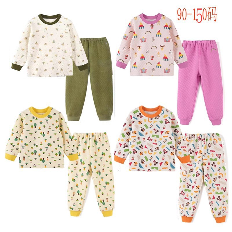 日系儿童空气棉保暖套装男童女童家居服纯棉夹棉男女童保暖内衣套