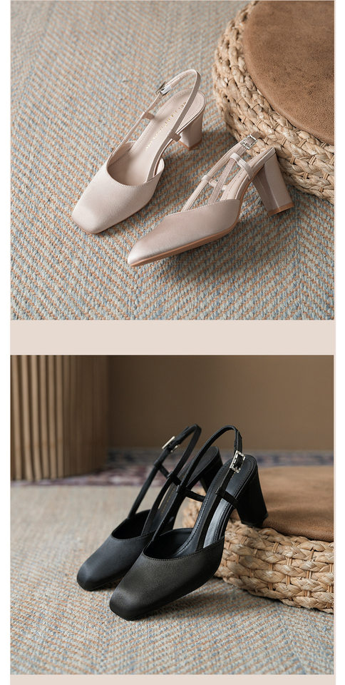 Sandal nữ mũi vuông gót thô hở gót quai ngang thanh lịch công sở, gót 6–8 cm — Bạc ánh kim, Màu vàng gừng, Phấn phủ mịn lì, Đen cao cấp chi tiết 8