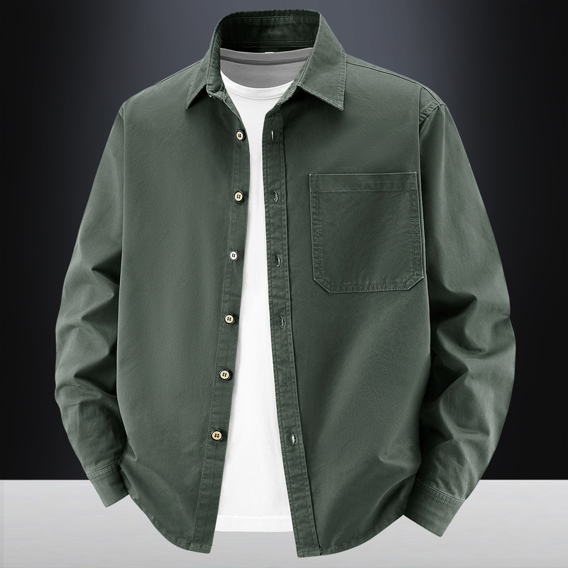 Spring and autumn pure cotton workwear long-sleeve washed shirt for men, loose casual turn-down collar pocket shirt, solid color versatile jacket Spring and autumn pure cotton workwear long-sleeve washed shirt for men, loose casual turn-down collar pocket shirt, solid color versatile jacket