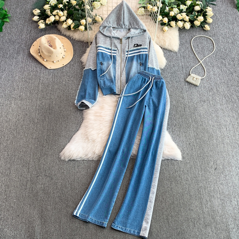 French-Style Vintage Distressed Tassel Denim Patchwork Hooded Jacket and Two-Piece Set with Elastic High-Waisted Slimming Wide-Leg Pants
